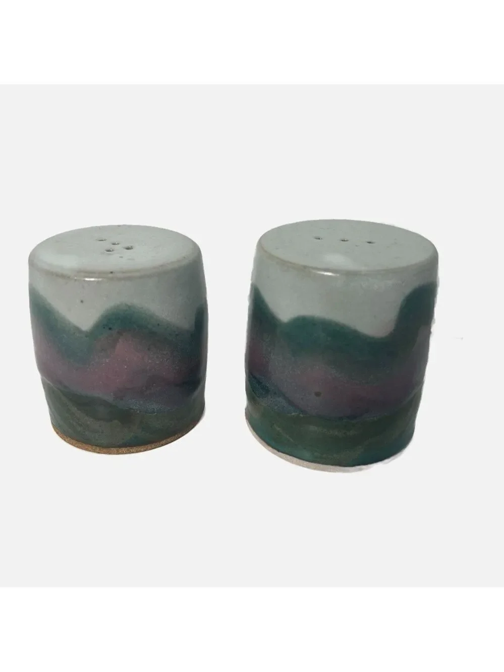 Vintage Art Pottery Ceramic Salt Pepper Shakers Drip Glaze Purple Green 1.5x3”